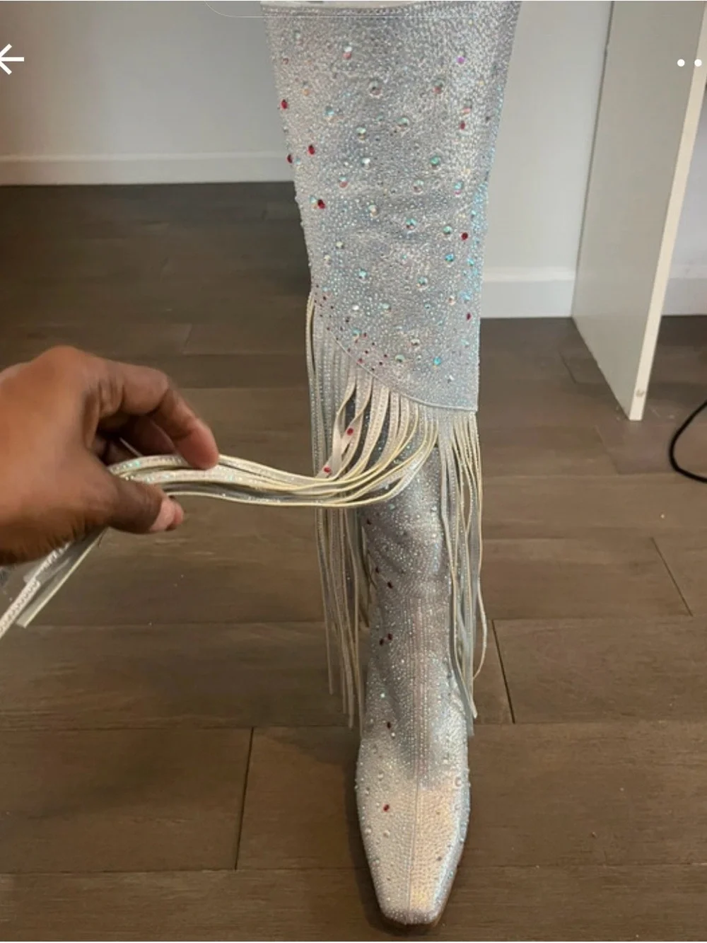 Silver Crystal Over-the-Knee Block Heel Boots with Fringe